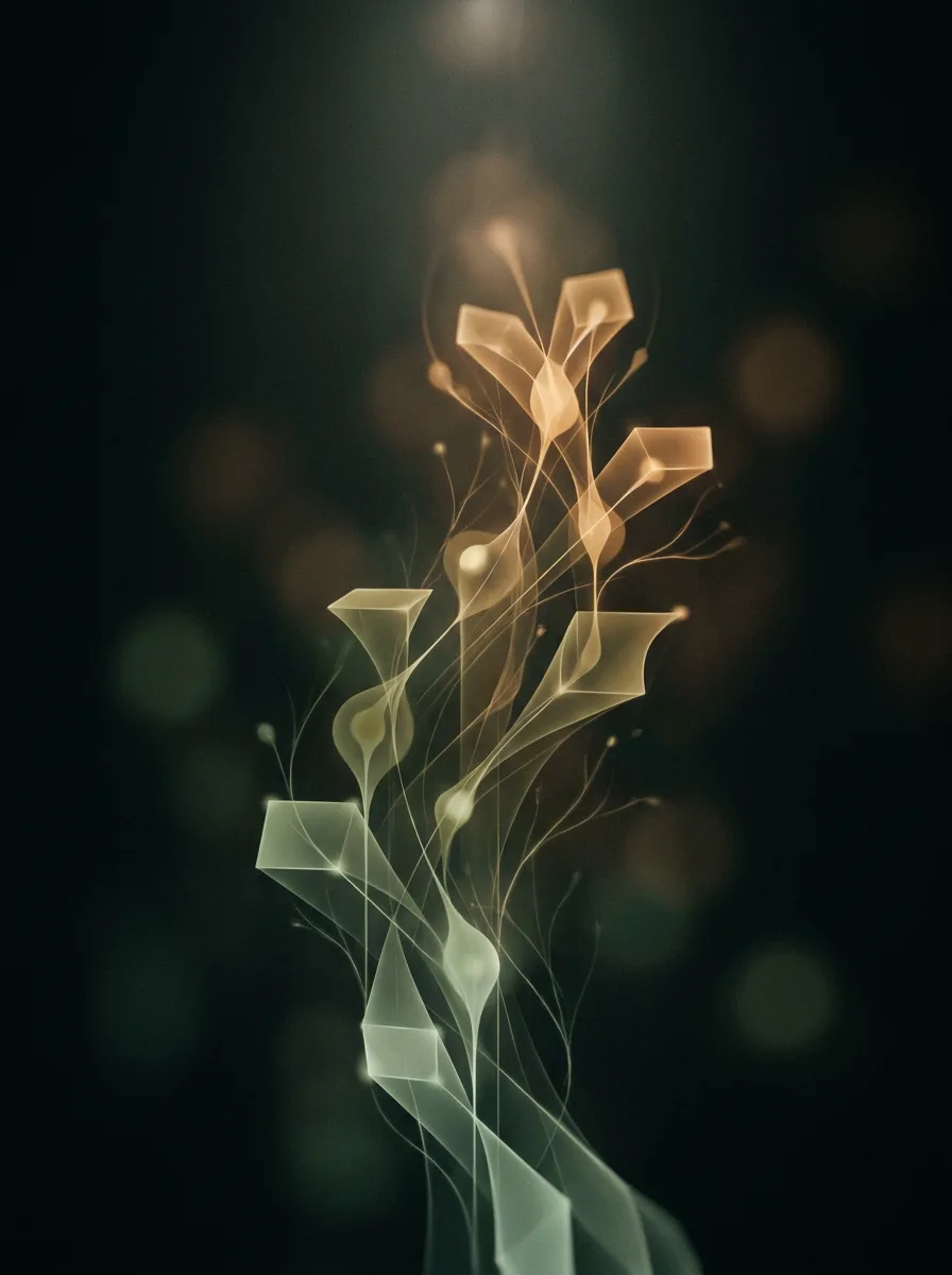 Abstract art: an upward-growing structure of sage-green and amber light — growth and momentum at iCubeLabs
